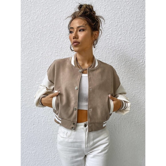 Striped Trim Color Block Varsity Bomber Jacket tan white - Picture 4 of 6